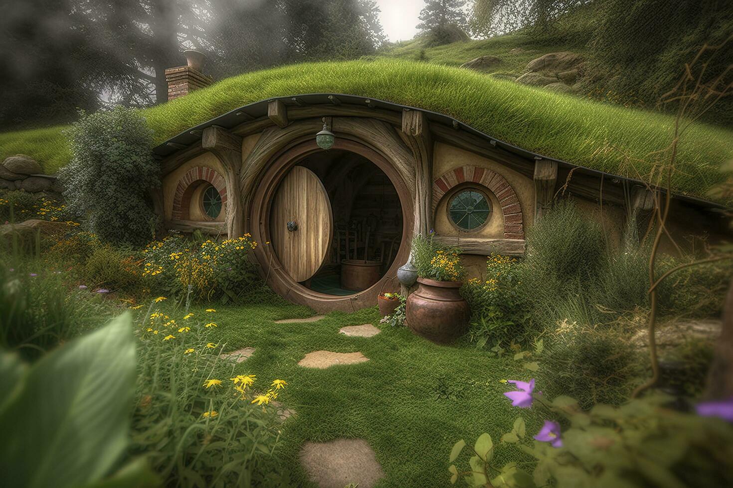 concepto Arte ilustración de hobbit casa, generar ai foto