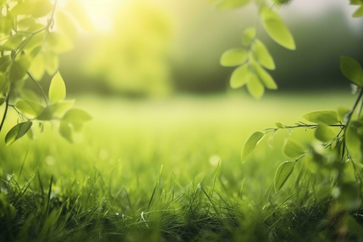 Natural green defocused spring summer blurred background with sunshine. Juicy young grass and foliage on nature in rays of sunlight, scenic framing, copy space photo