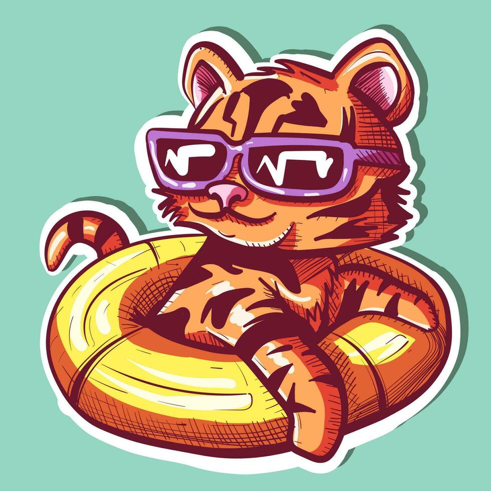 digital Arte de un relajado Tigre en vacaciones sentado en un flotador vector de un salvaje animal nadando en un salvador de la vida y vistiendo Gafas de sol.