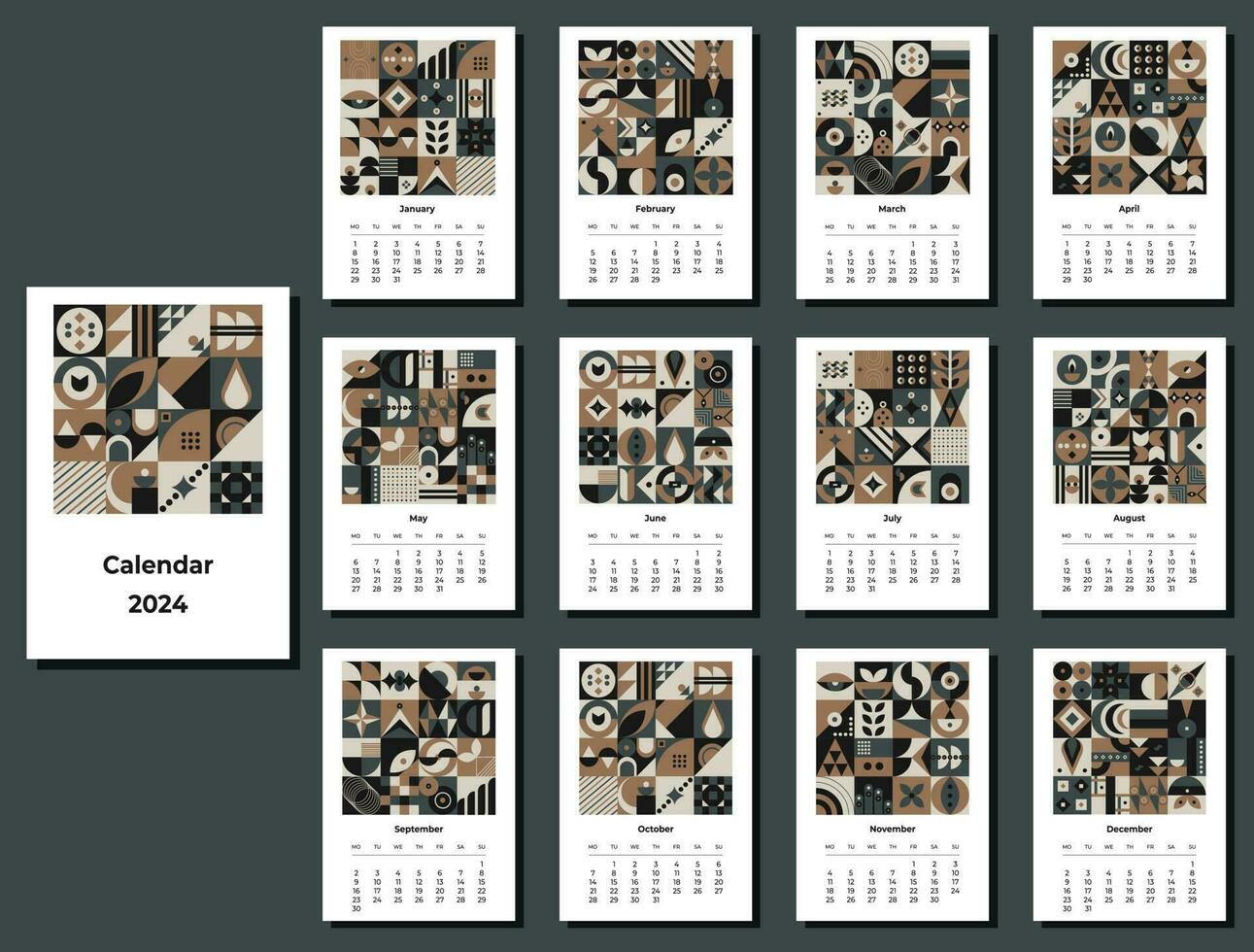 Calendar 2024 geometric patterns. Monthly calendar template for 2024 year with geometric shapes. vector