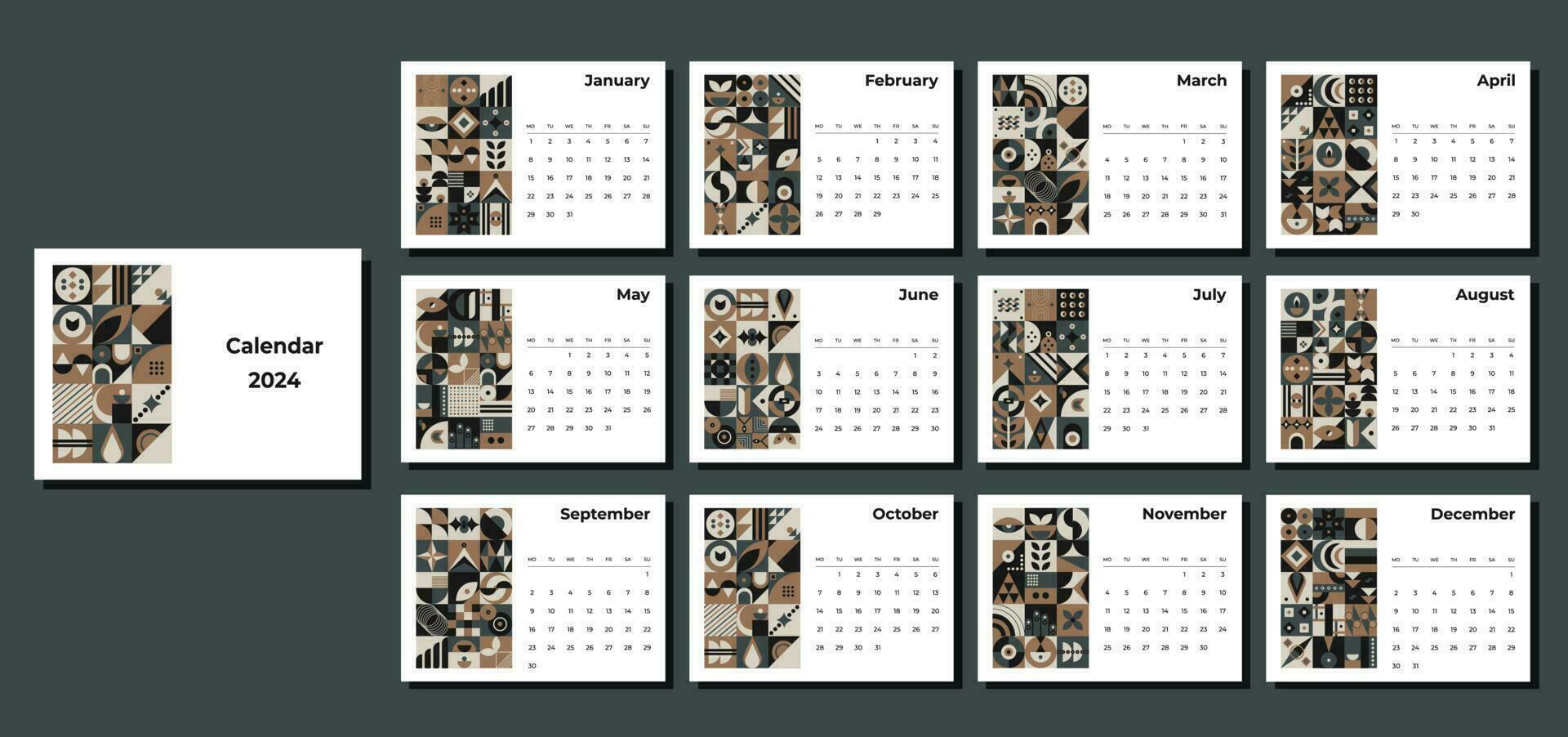 Calendar 2024 geometric patterns. Monthly calendar template for 2024