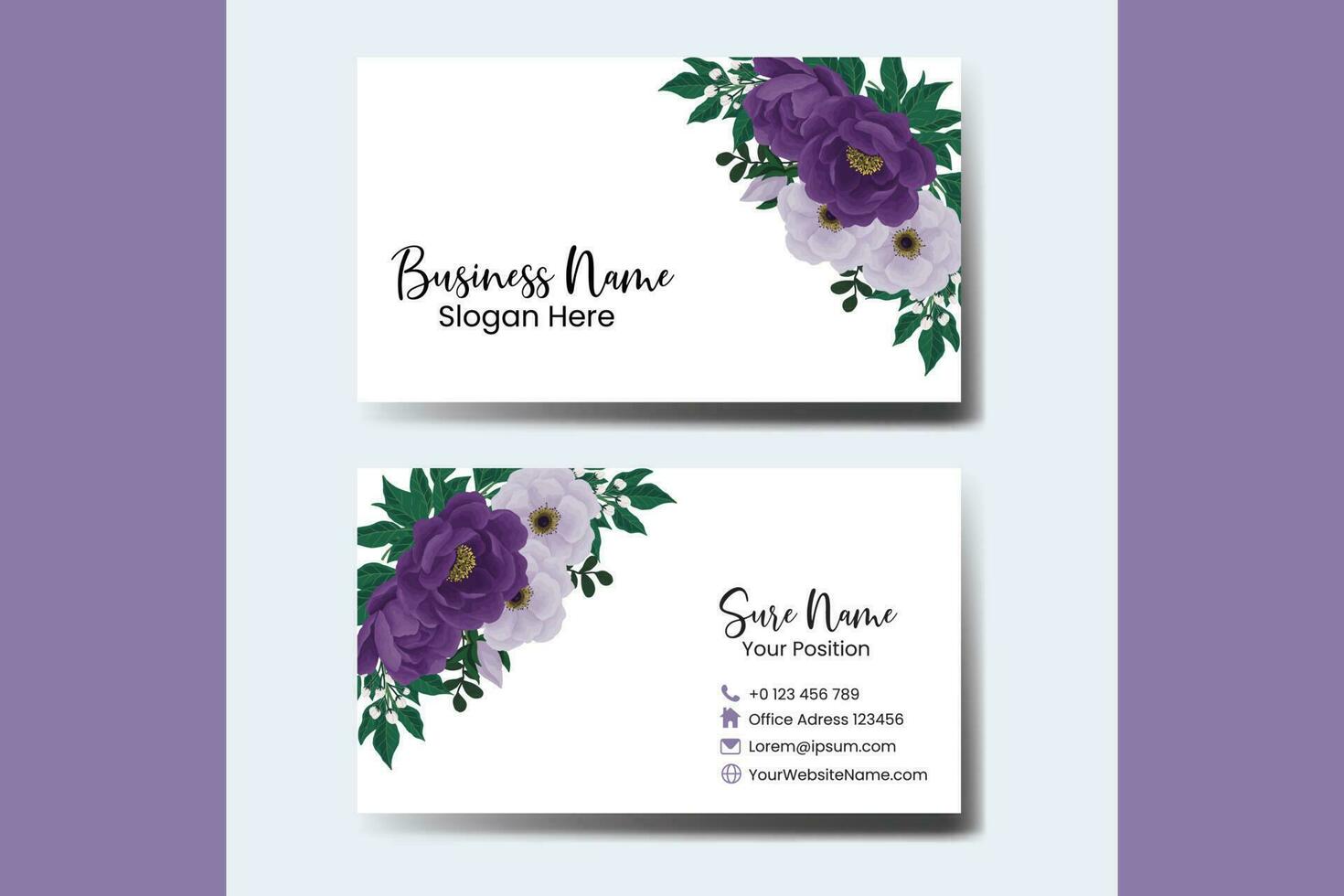 Business Card Template Purple Peony Flower .Double-sided Blue Colors. Flat Design Vector Illustration. Stationery Design