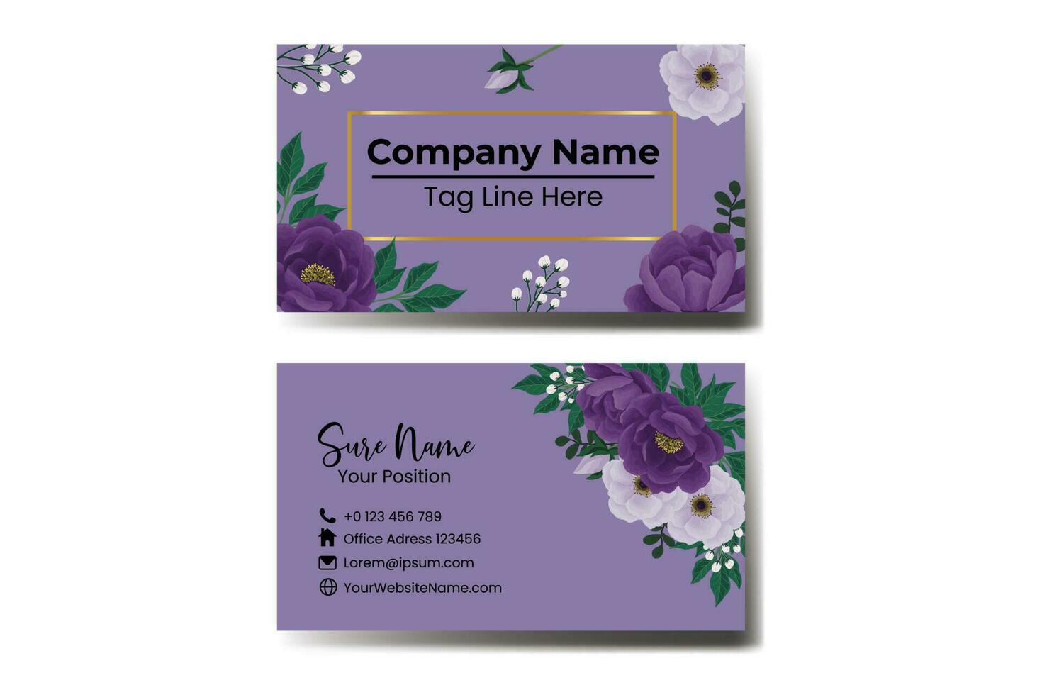 Business Card Template Purple Peony Flower .Double-sided Blue Colors. Flat Design Vector Illustration. Stationery Design
