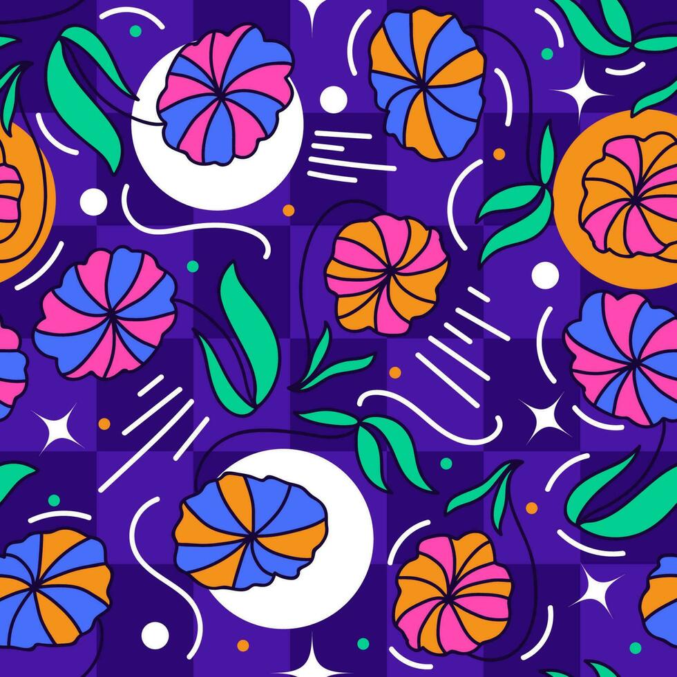 Seamless Floral Pattern in Retro 90s Style. Cute Botanical Contemporary Pattern. Trendy and Groovy Graphics for Fashion, Wallpaper, Wrapping Paper, Background, Print, Fabric, Textile and Apparel vector