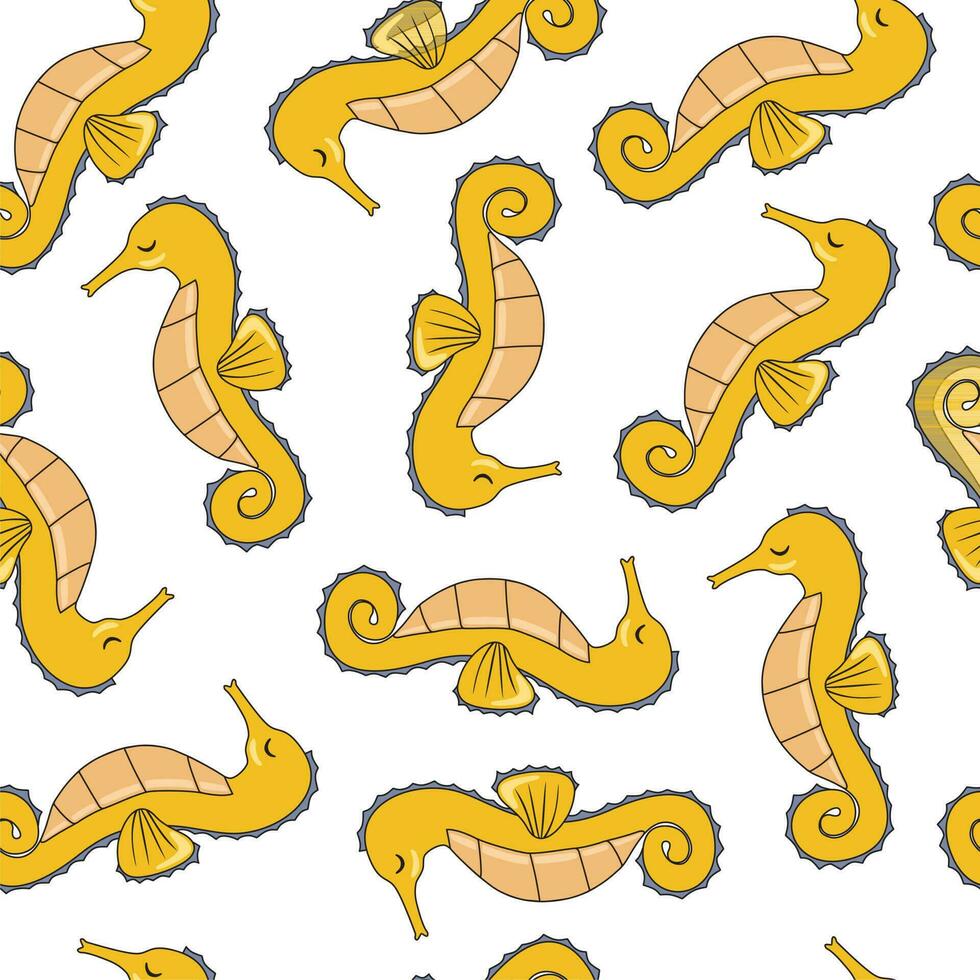 Seamless vector pattern with yellow sea horses on white background. Cute sea horse pattern for kids.