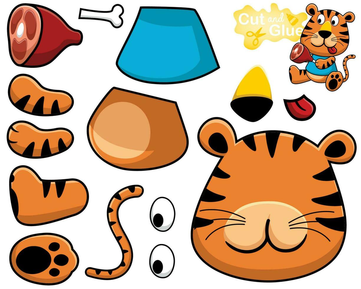 Vector illustration of cartoon tiger holding meat. Cutout and gluing