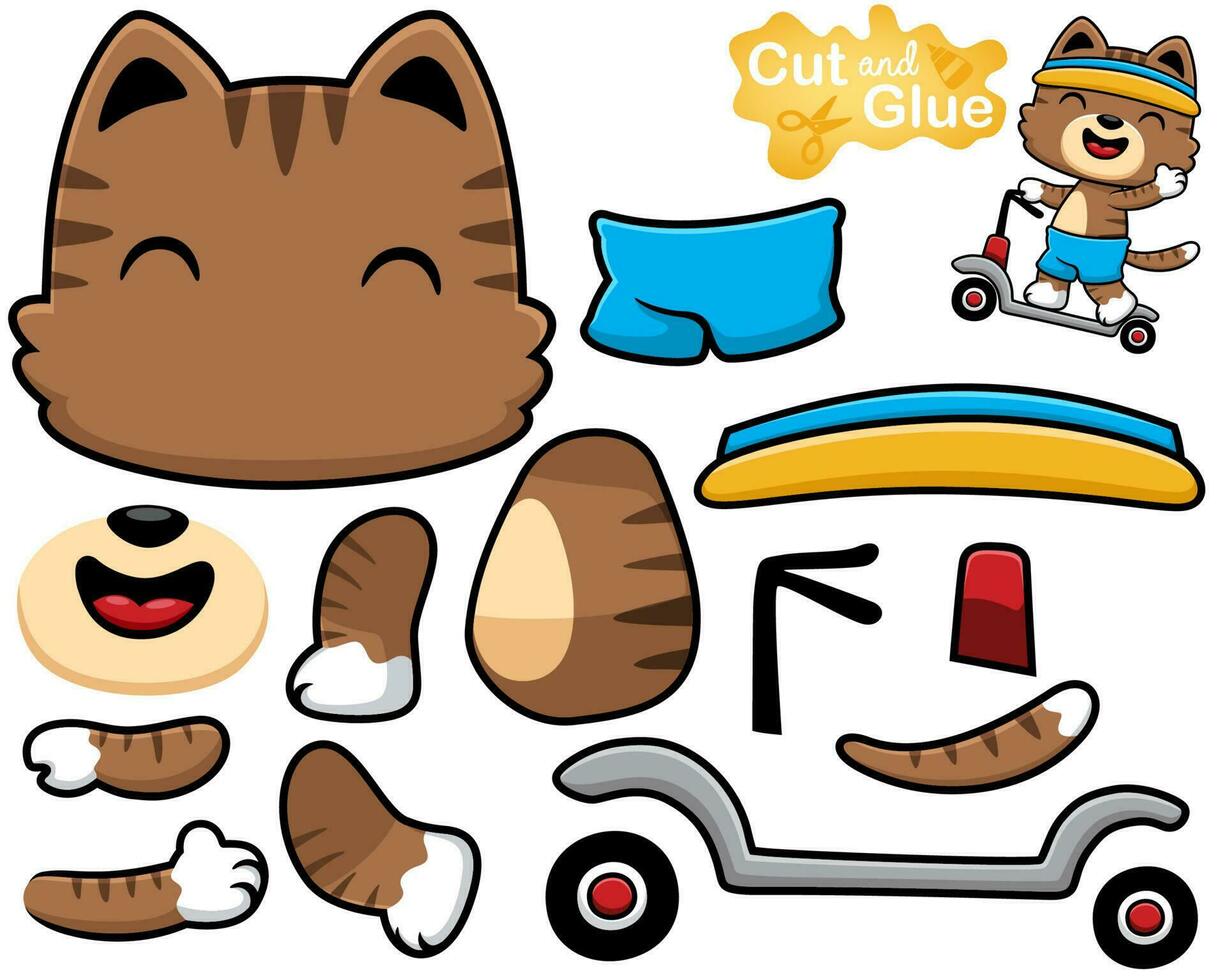 Vector illustration of cat cartoon playing scooter. Cutout and gluing