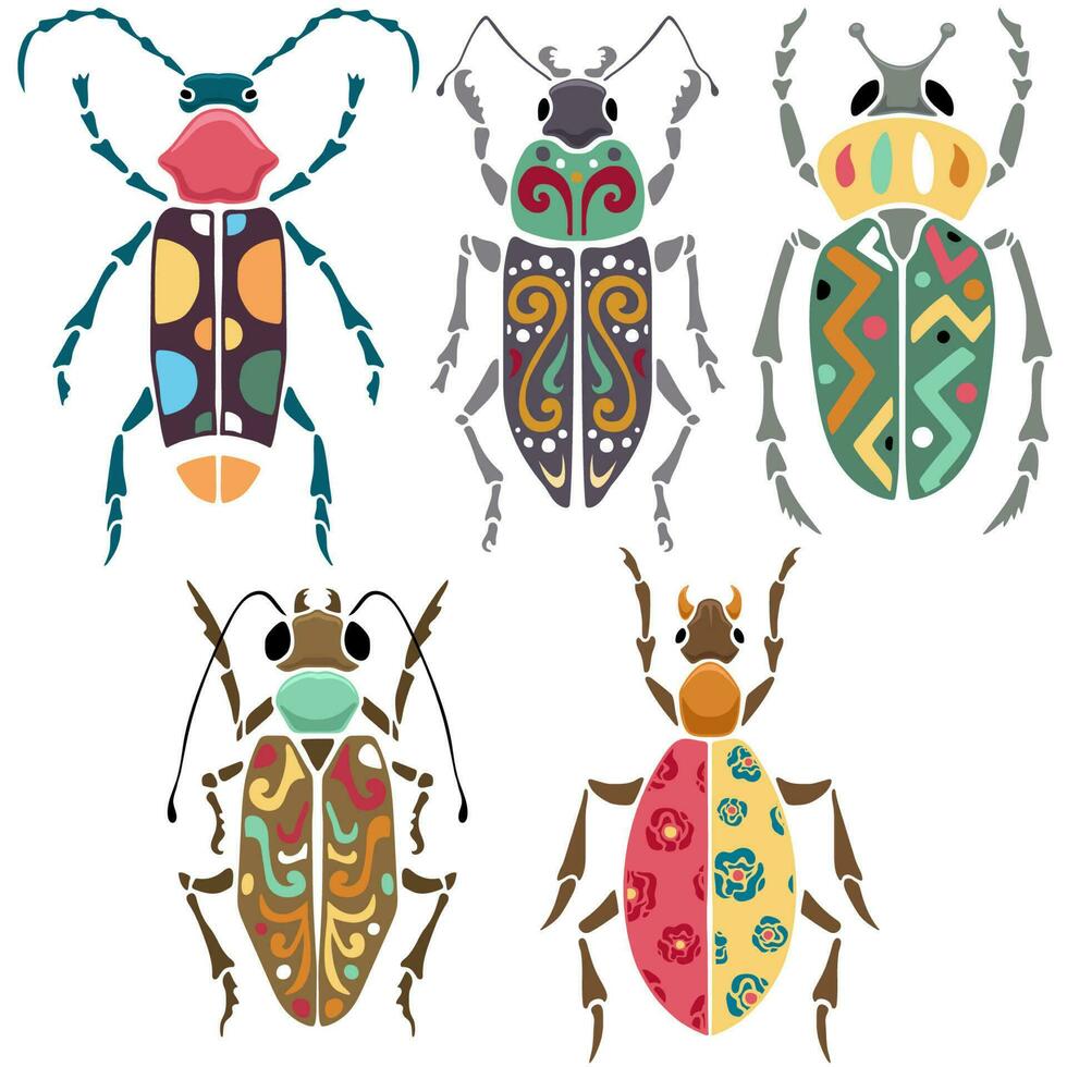 Vector illustration of hand drawn beetles with colorful ornaments