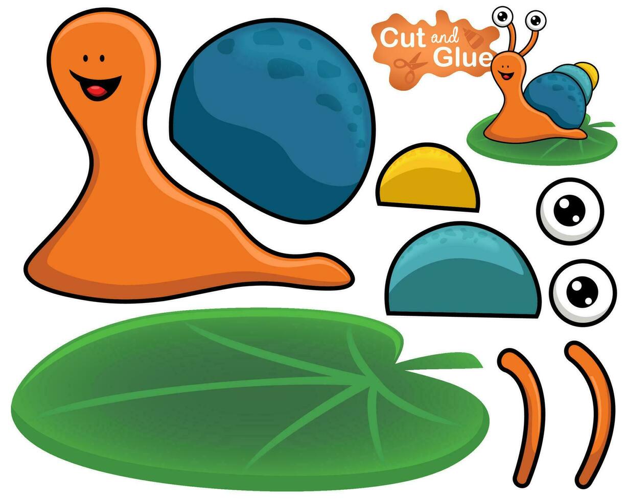 Vector illustration of cartoon snail on lotus leaf. Cutout and gluing