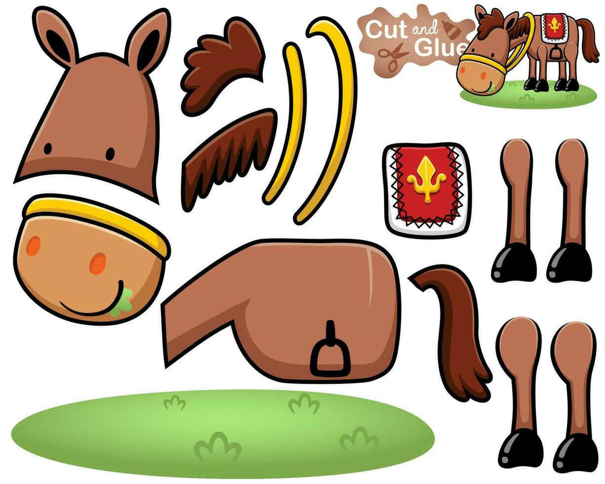 Vector illustration of cartoon horse with paddle eating grass. Cutout and gluing