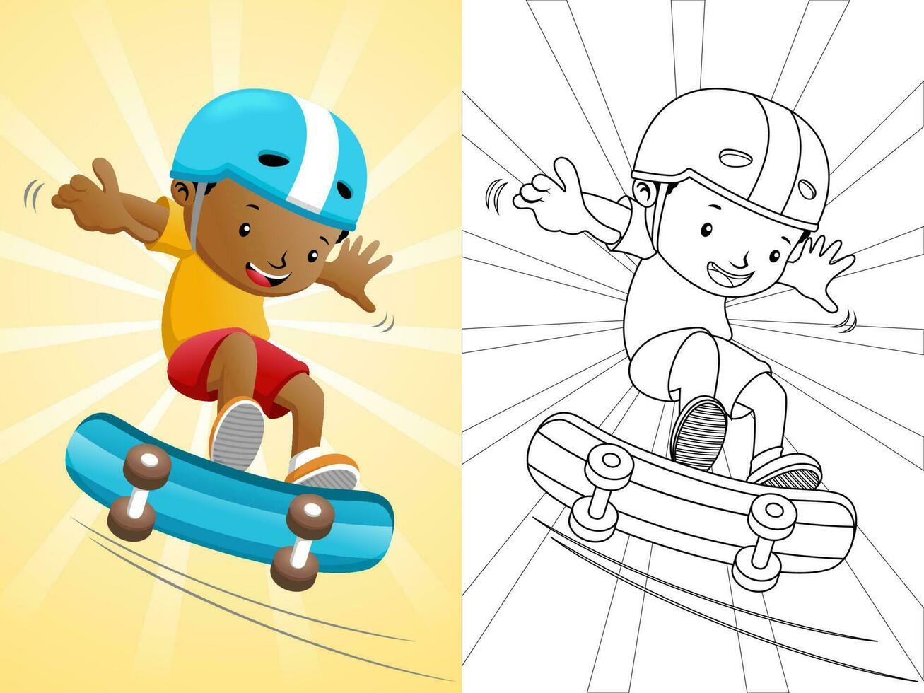 Cartoon boy playing skateboard. Coloring book or page vector