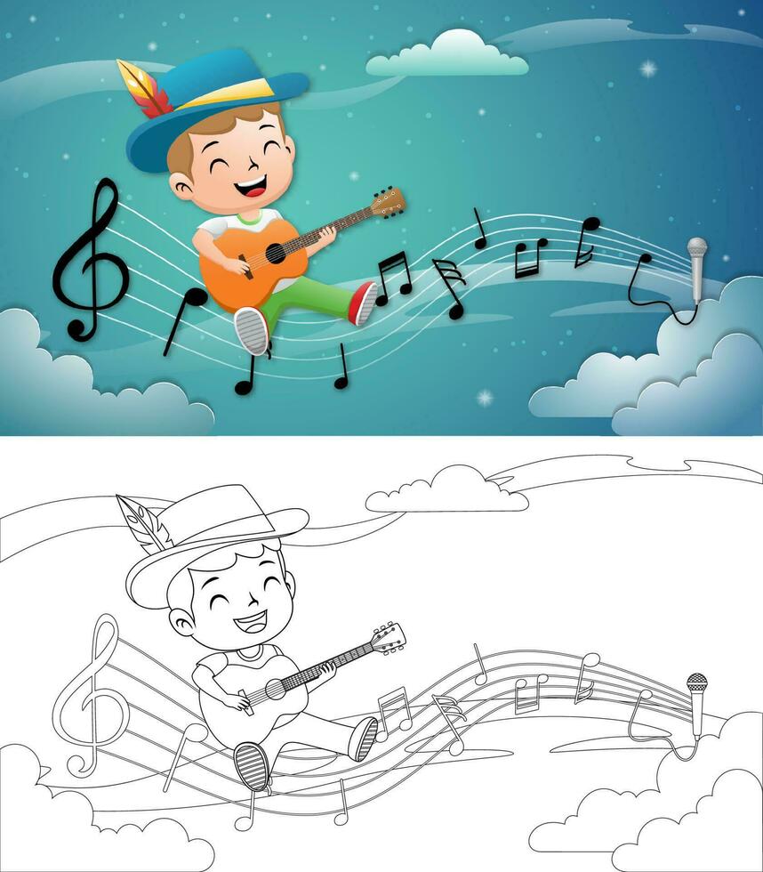 dibujos animados de pequeño chico vistiendo vaquero sombrero con pluma sentado en música notas mientras jugando guitarra vector