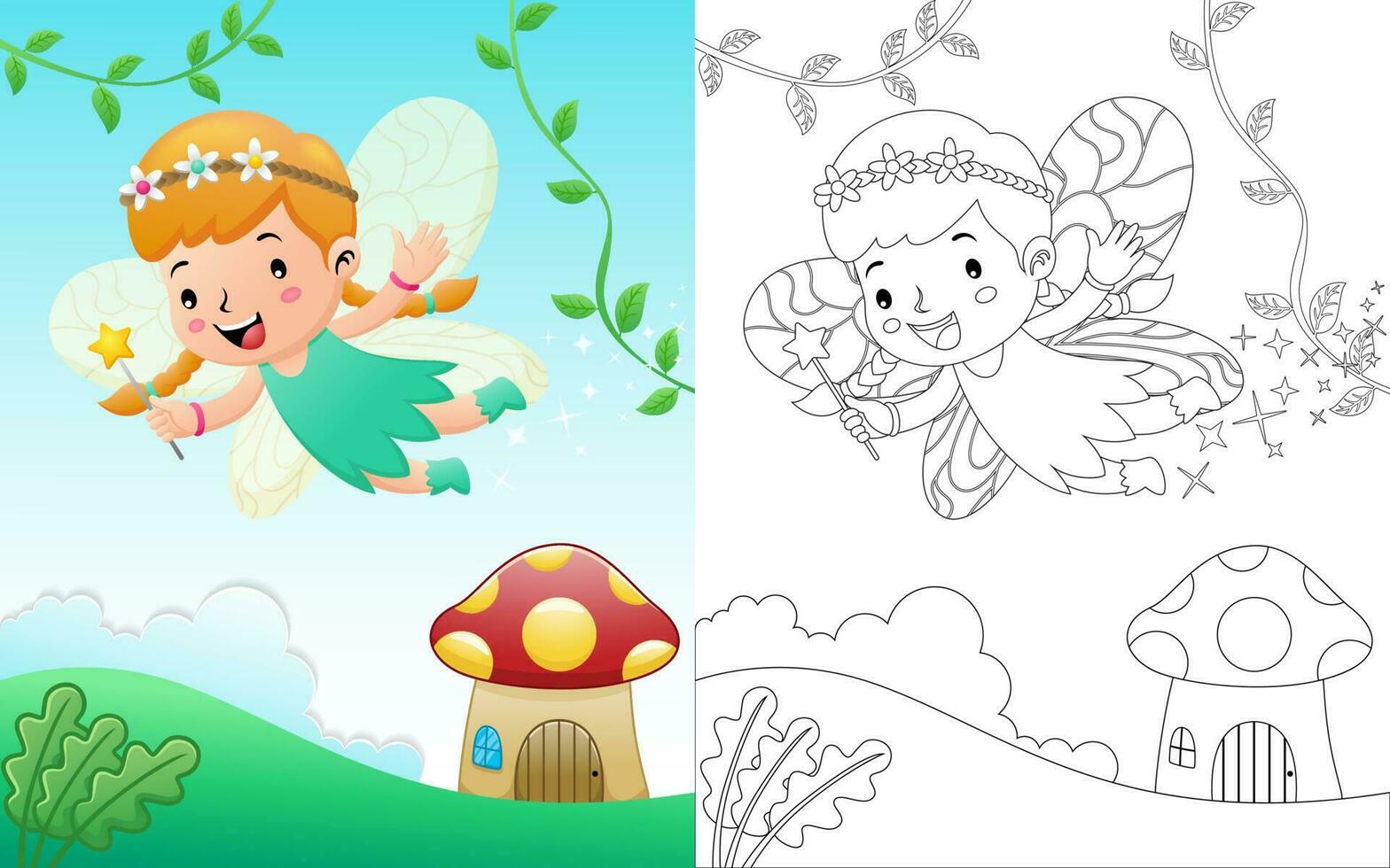 Cute fairy cartoon flying on scene background with mushroom house. Coloring book or page vector