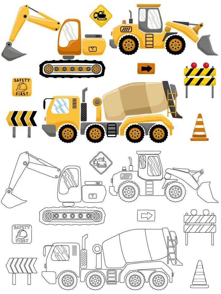 Vector illustration of hand drawn construction vehicles with construction signs. Coloring book or page