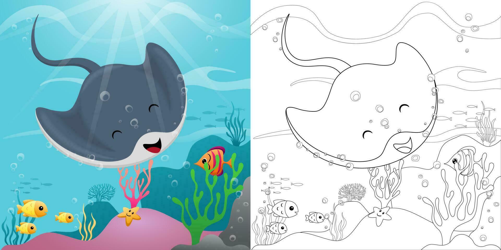 Funny stingray cartoon with fishes and starfish undersea, marine life element, coloring book or page vector