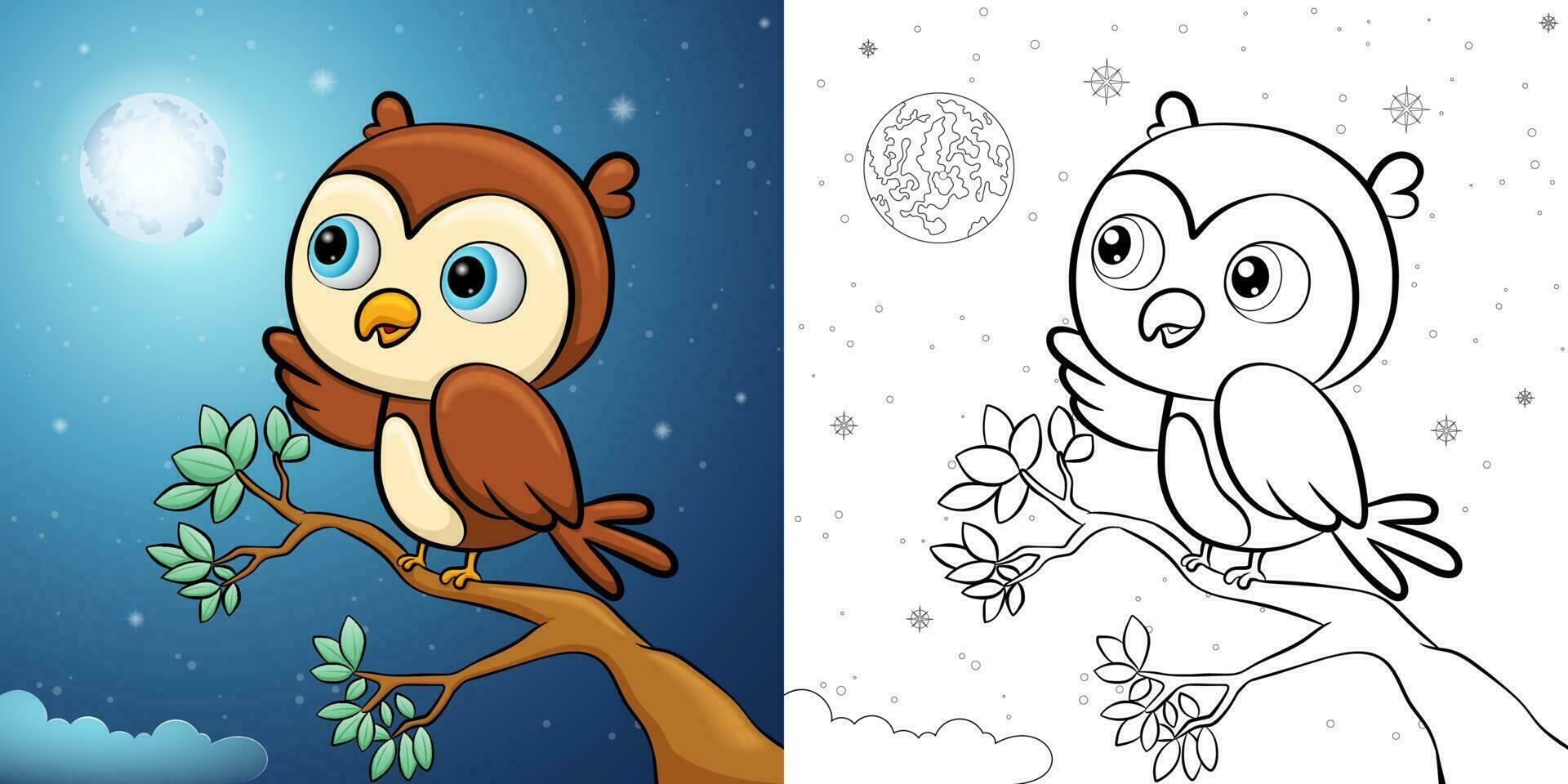 linda búho dibujos animados en árbol ramas con lleno Luna a noche. colorante libro o página vector