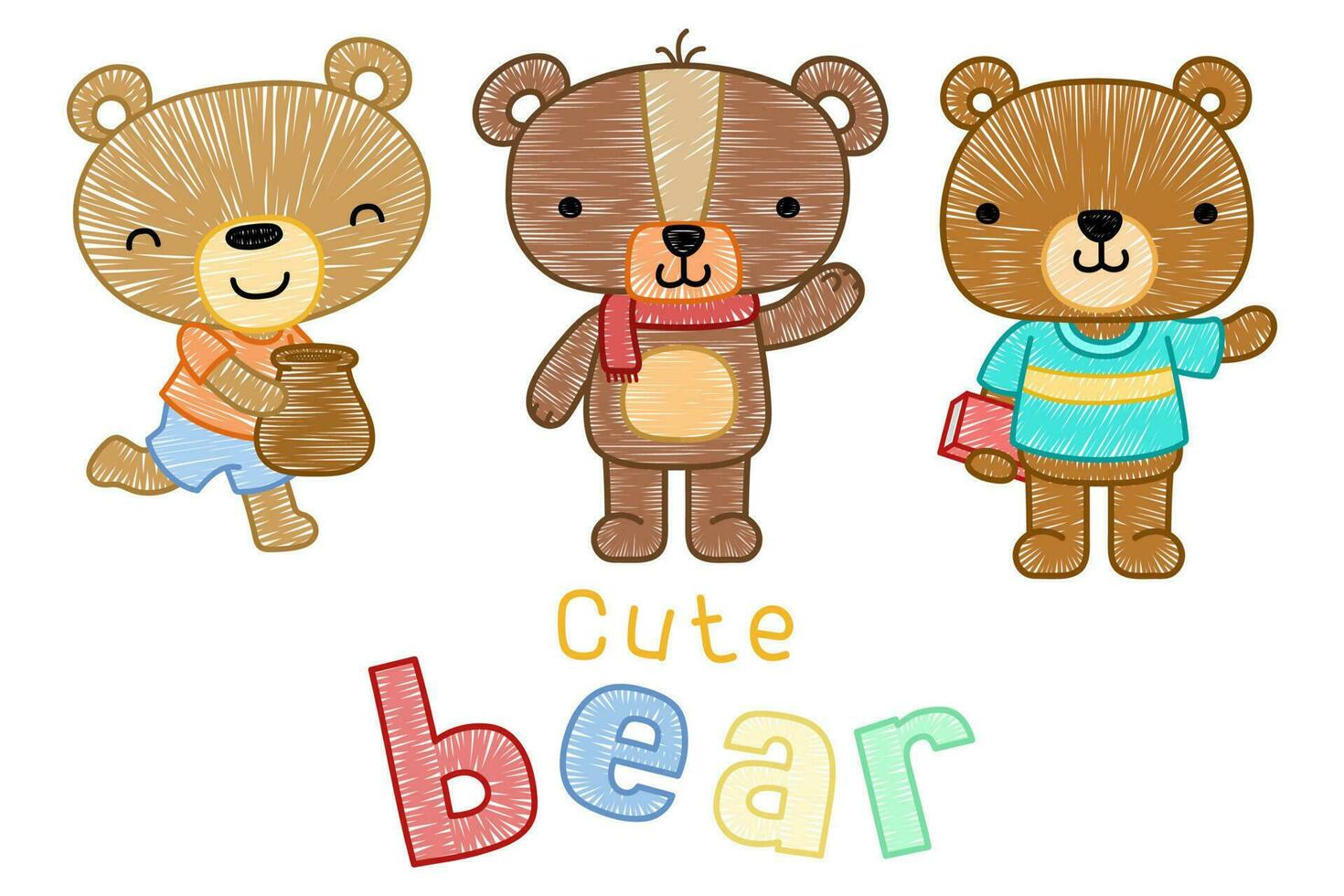 vector ilustración de dibujos animados linda osos en línea Arte bordado estilo