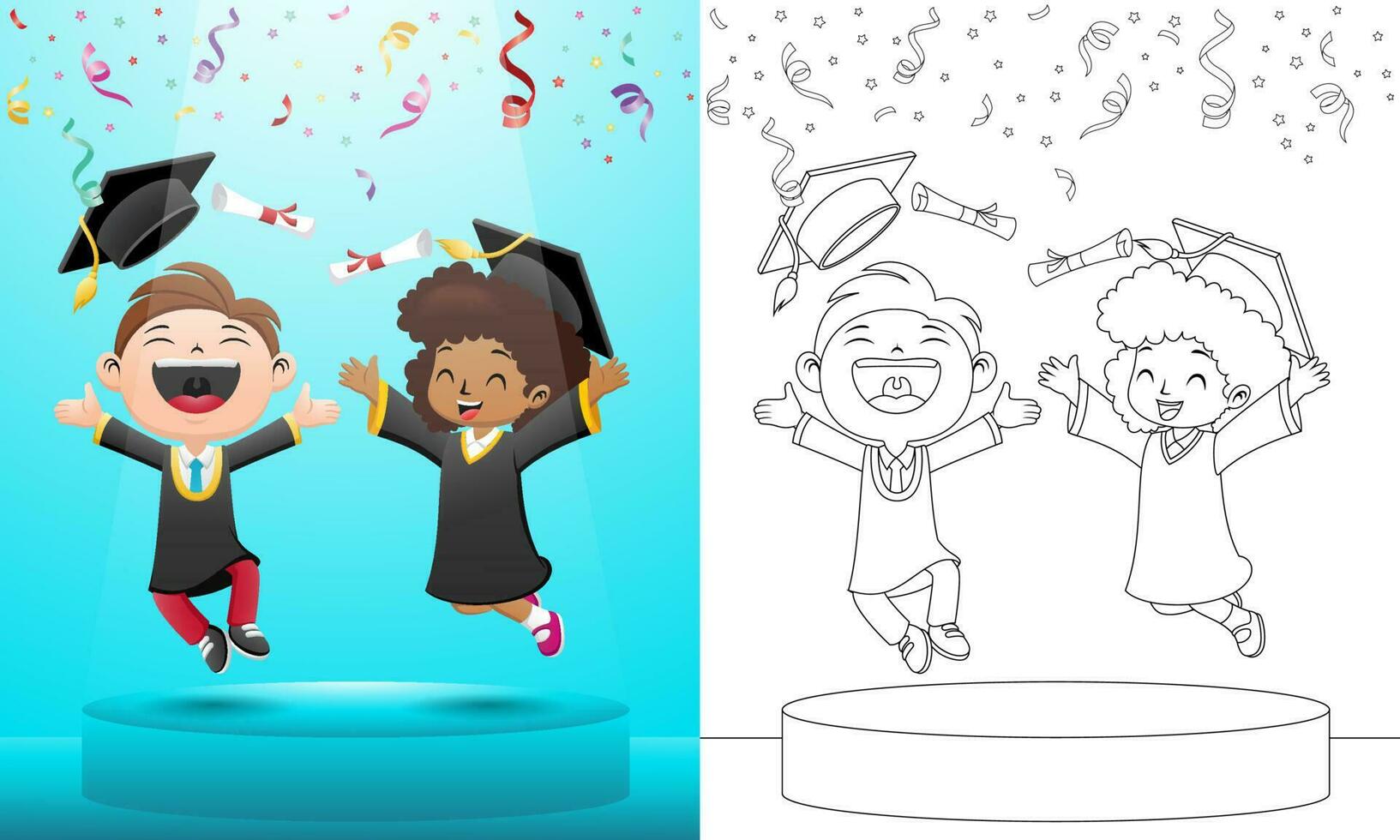 vector illustration of two happy kids in graduation gown jumping in graduation day on stage