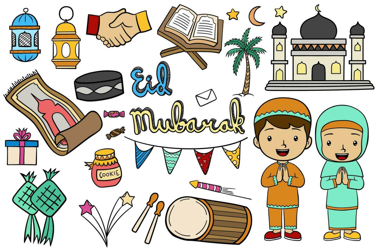 Vector set of hand drawn cartoon eid al fitr elements with funny kids