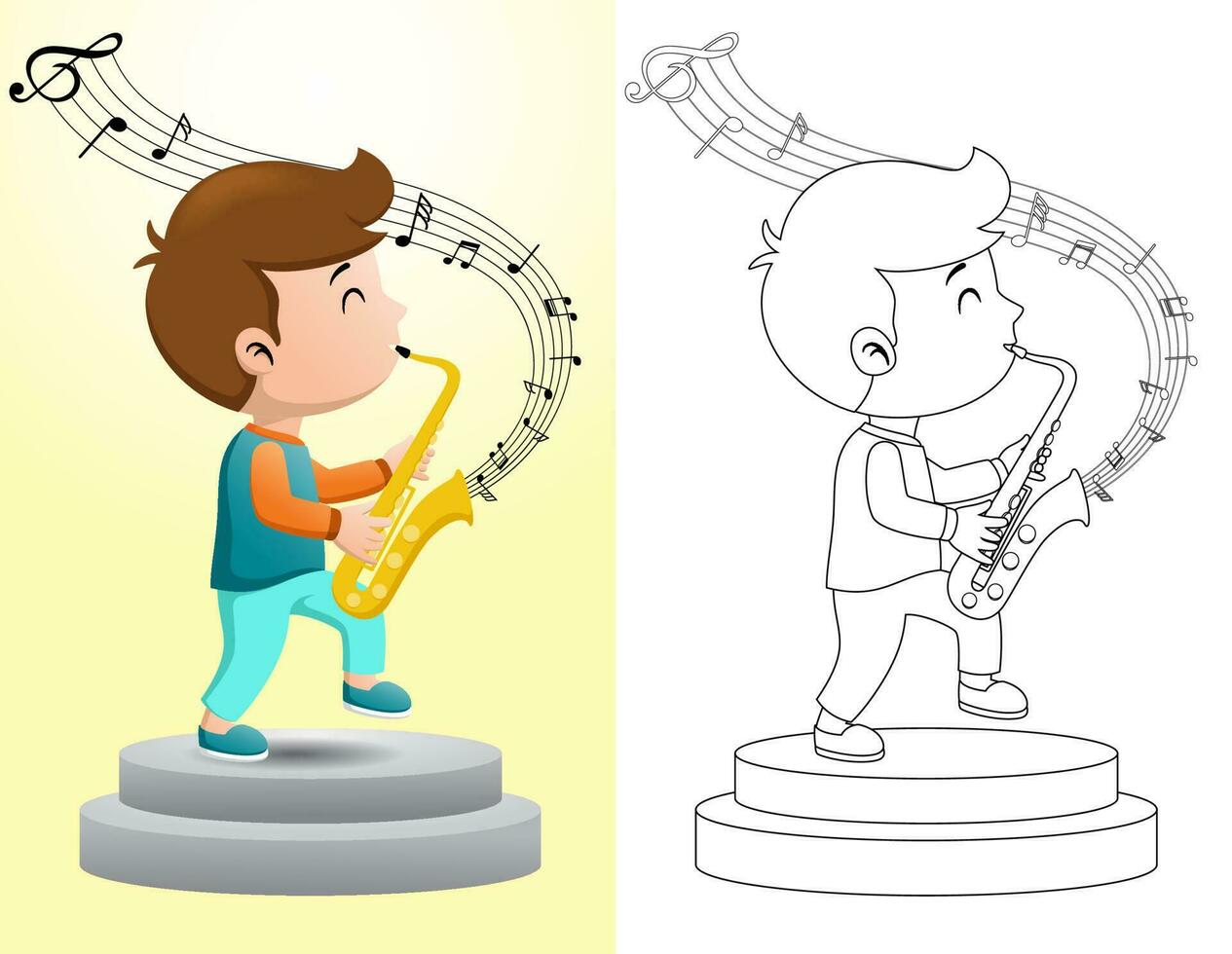 dibujos animados chico jugando saxofón en escenario. colorante libro o página vector