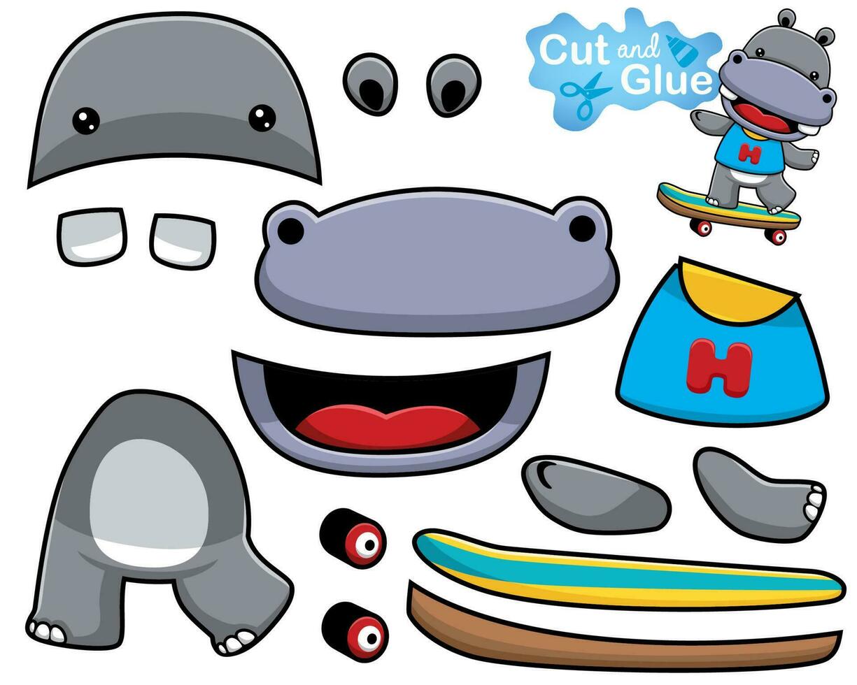vector ilustración de dibujos animados hipopótamo jugando patineta. separar y pegar