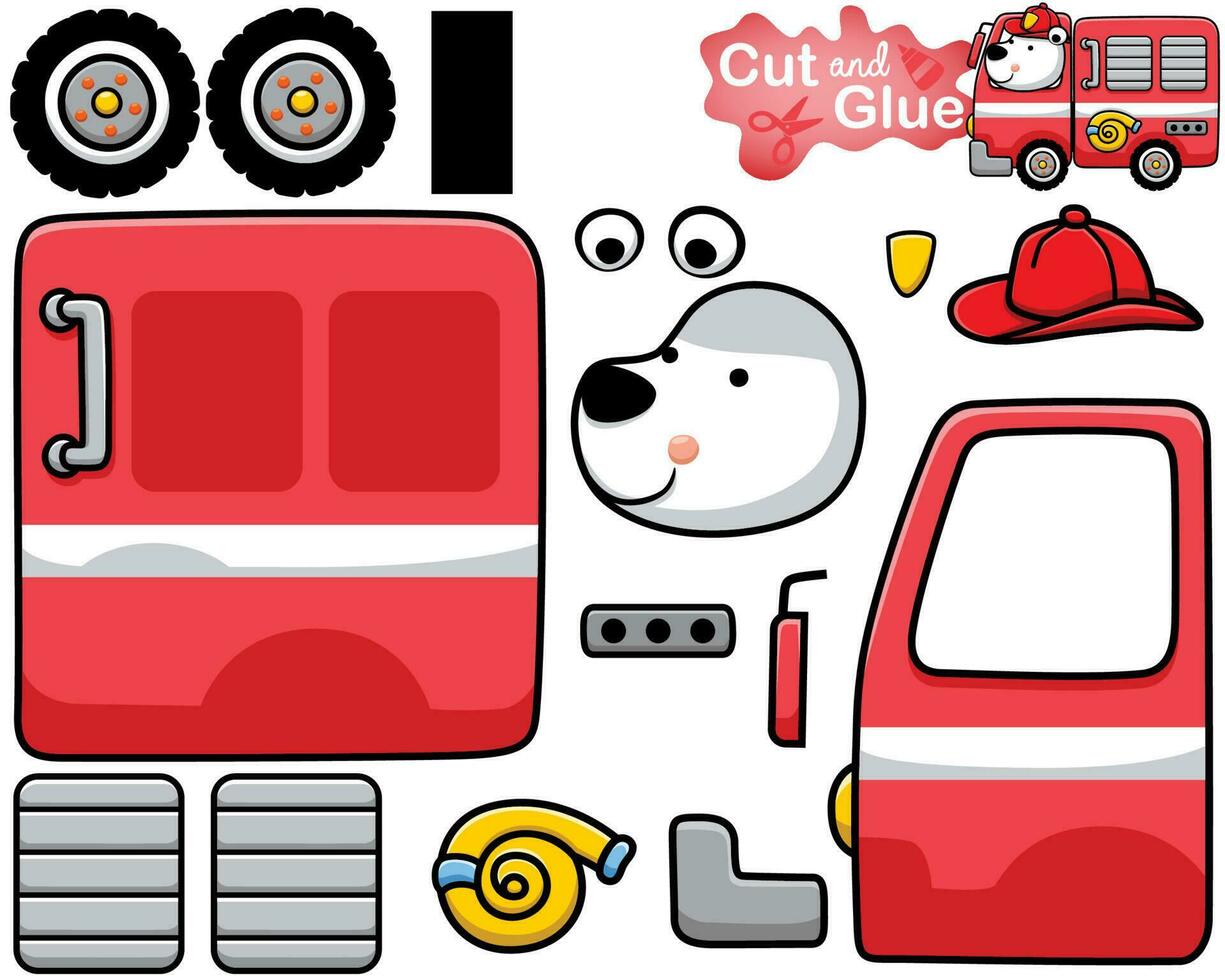 Vector illustration of cartoon polar bear wearing fireman helmet on firetruck. Cutout and gluing