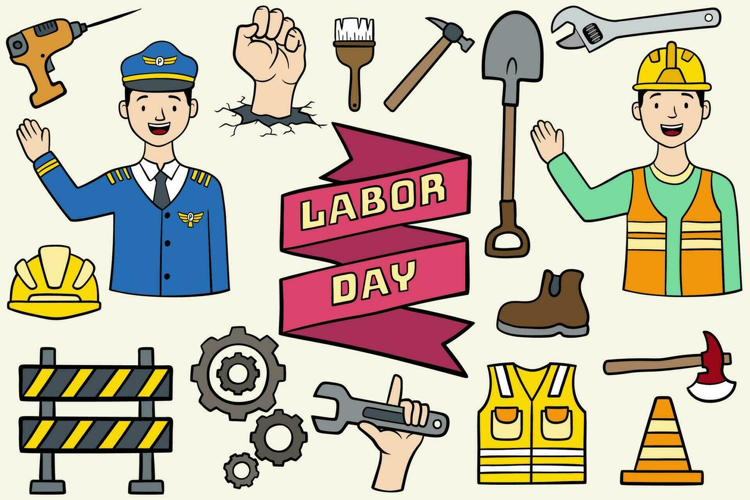 Vector illustration set of hand drawn labor day elements