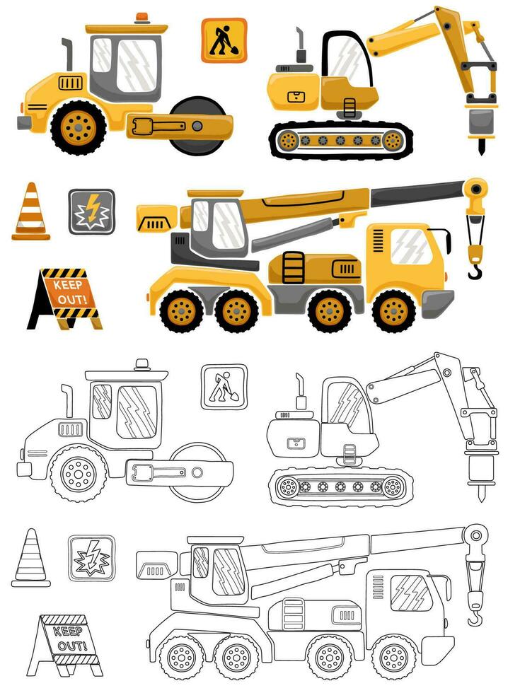 Vector illustration of hand drawn construction vehicles with construction signs. Coloring book or page