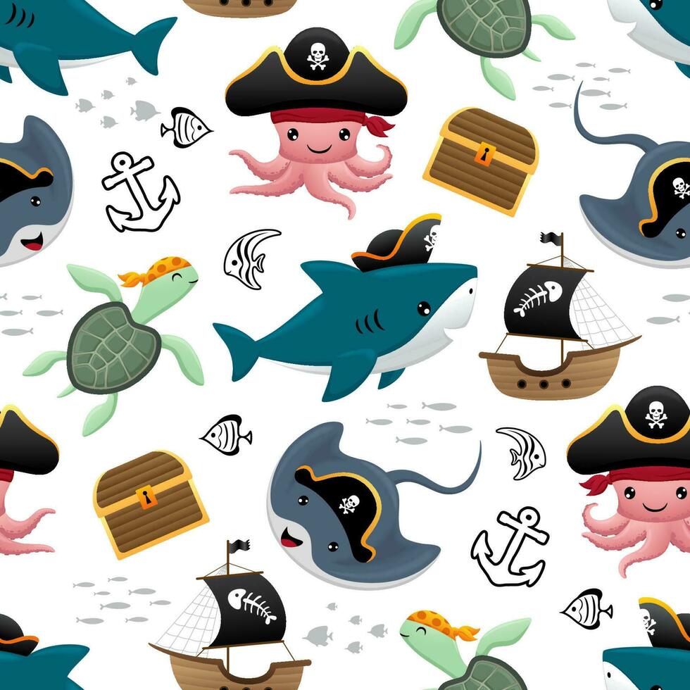 Seamless pattern with funny marine animals pirate, pirate sailing elements vector