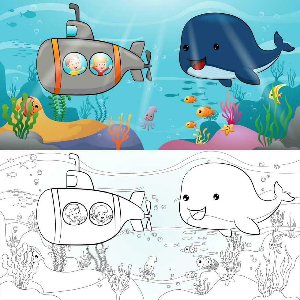 Cartoon of kids in submarine with cute whale undersea, marine life elements. Coloring book or page vector
