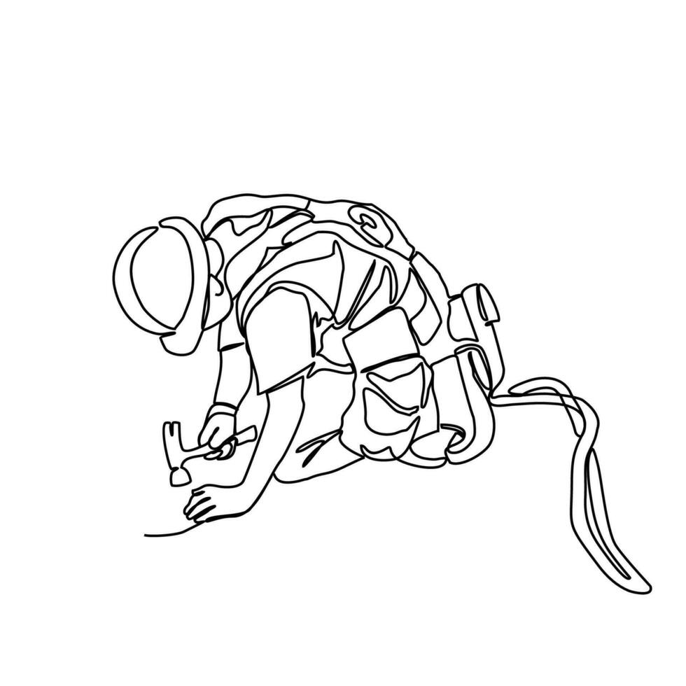 One continuous line drawing of a worker insert the nail in the site project. Construction Project design concept with simple linear style. Construction Project vector design illustration concept.