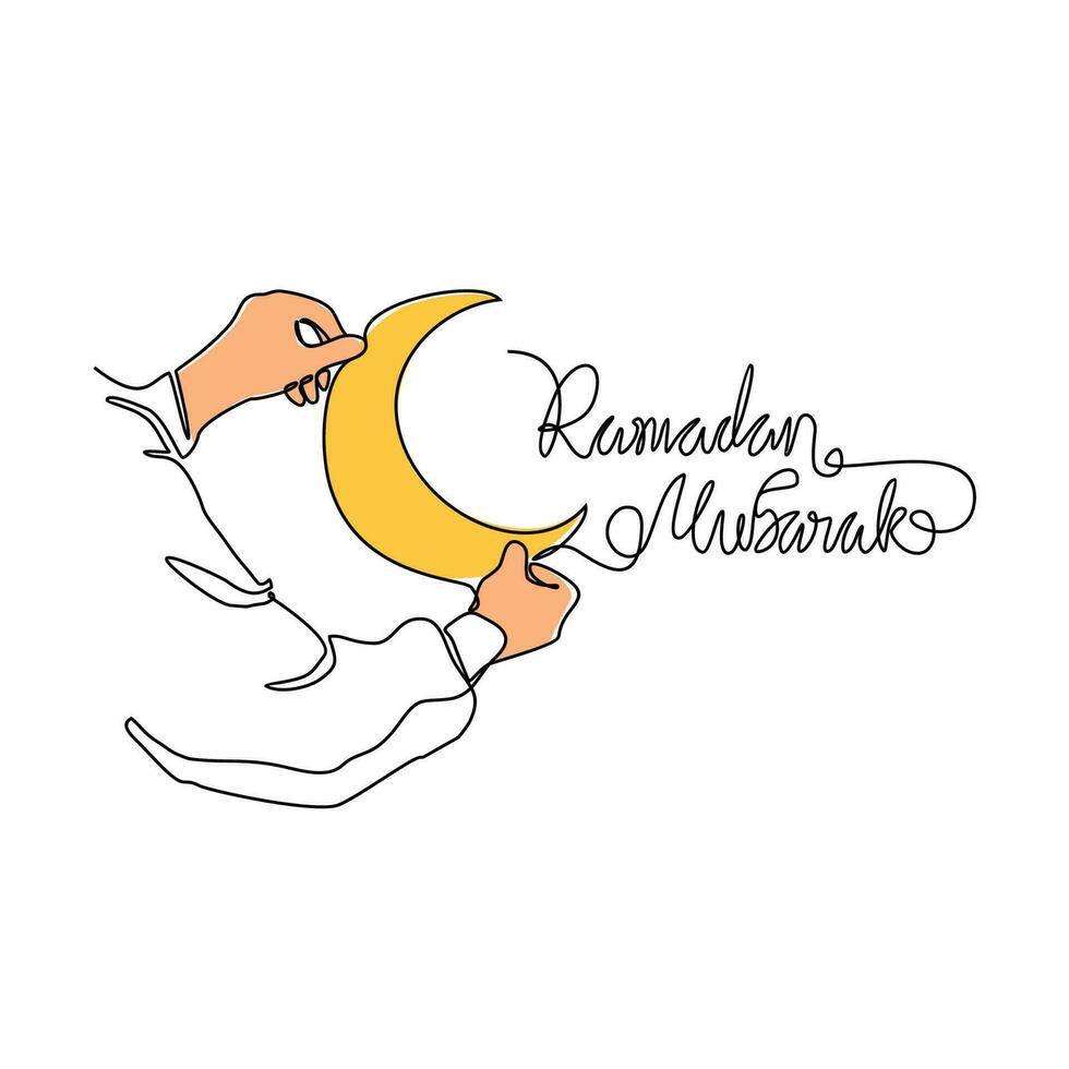 One continuous line drawing of hand and a half moon for symbol ramadan kareem.  ramadan design concept with simple linear style. islamic design concept. vector
