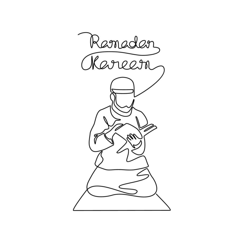 A moslem man read the Quran in the mosque during ramadhan time in continuous line art drawing style. design with Minimalist black linear design isolated on white background. Vector illustration