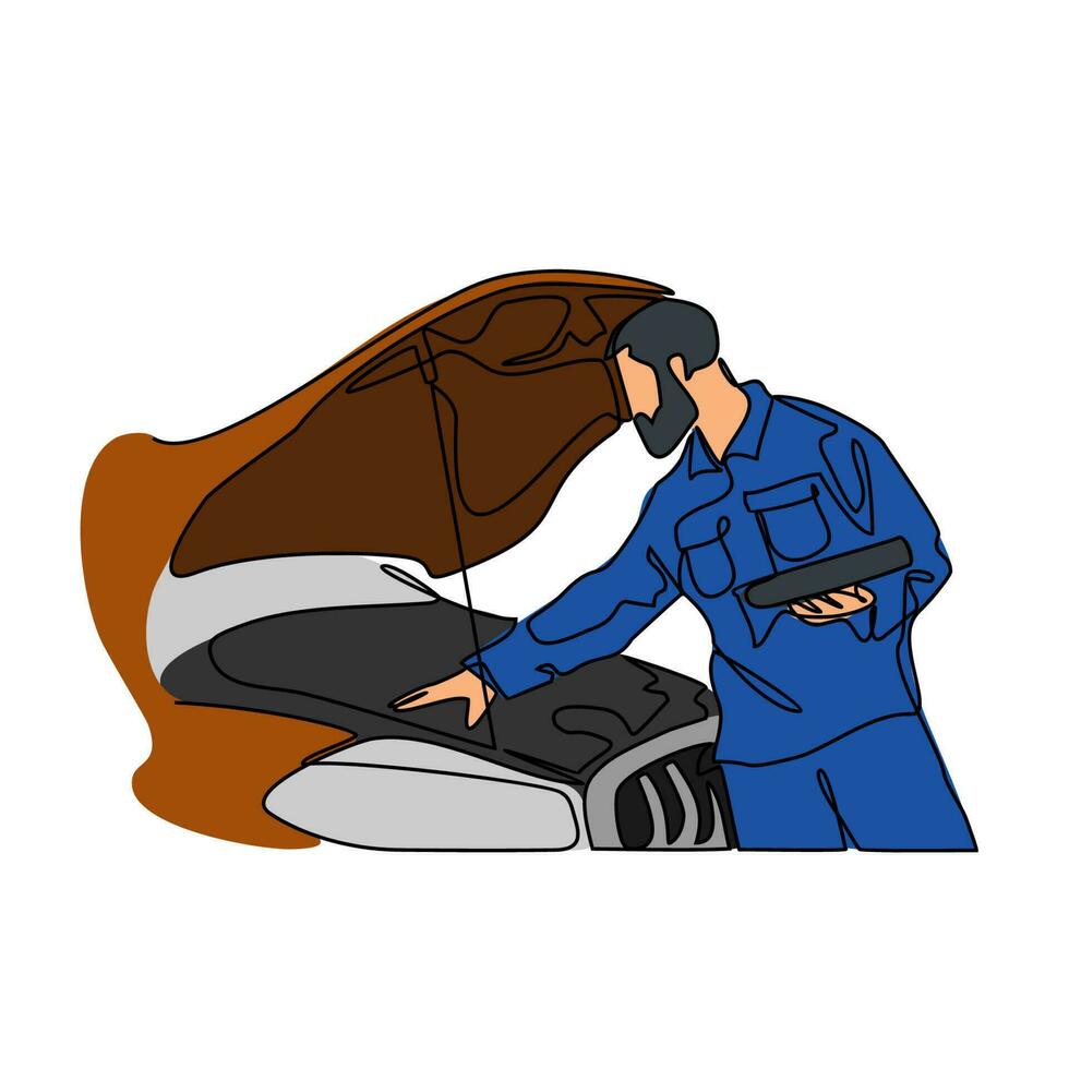 One continuous line drawing of a mechanic is repairing the car. Automotive design concept with simple linear style. Automotive vector design illustration concept.