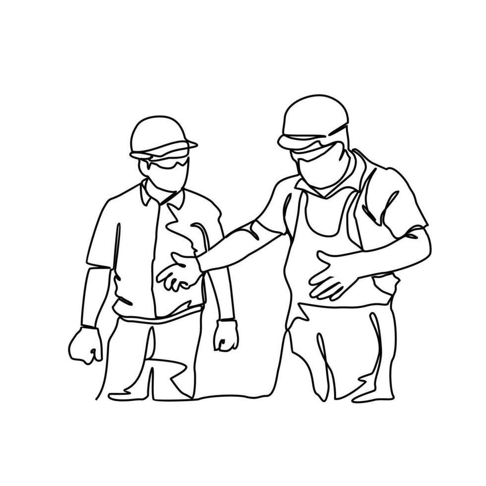 One continuous line drawing of construction engineer discussion in the site project. Construction Project design concept with simple linear style. Construction Project vector design illustration conc