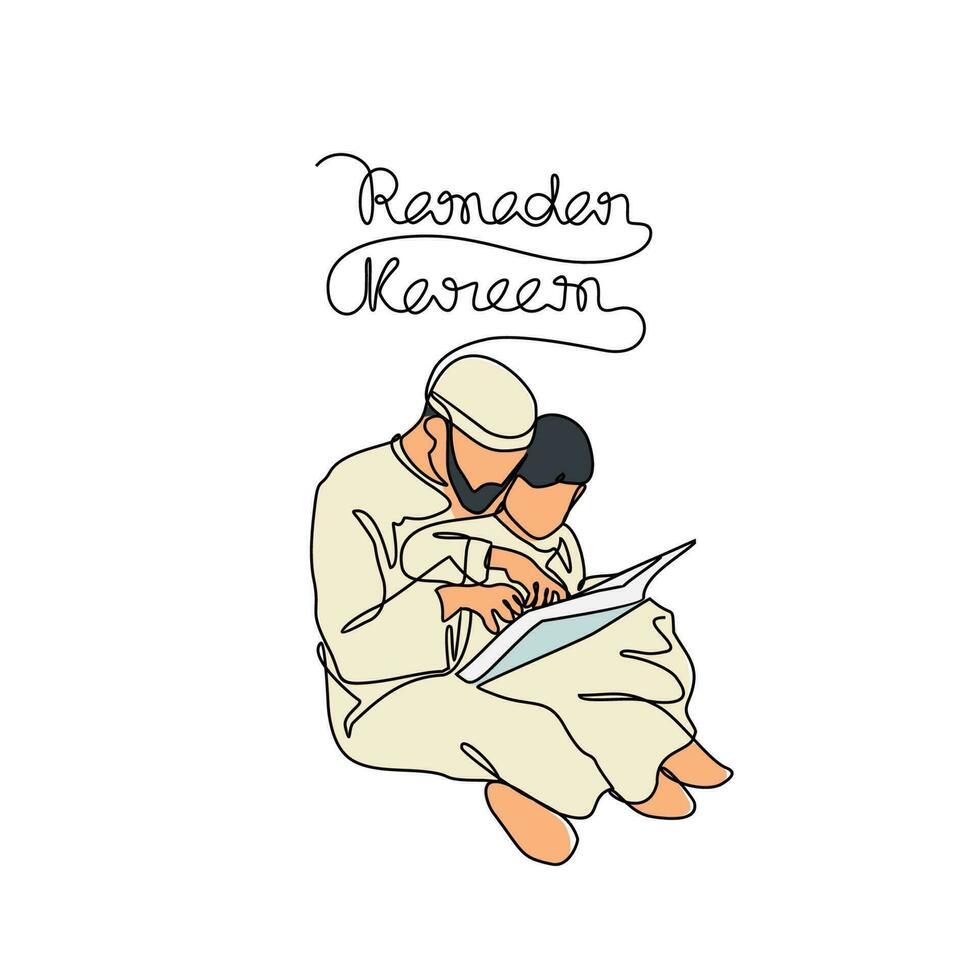 Father and his son learning of Quran during ramadhan time in continuous line art drawing style. design with Minimalist black linear design isolated on white background. Vector illustration
