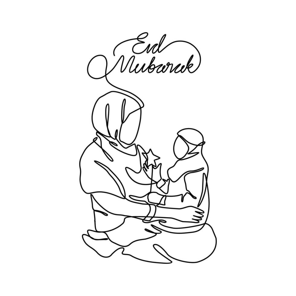 One continuous line drawing of a mother and daughter are having fun during eid mubarak. Eid mubarak and Ramadan kareem design concept with simple linear style. Eid mubarak vector design concept.