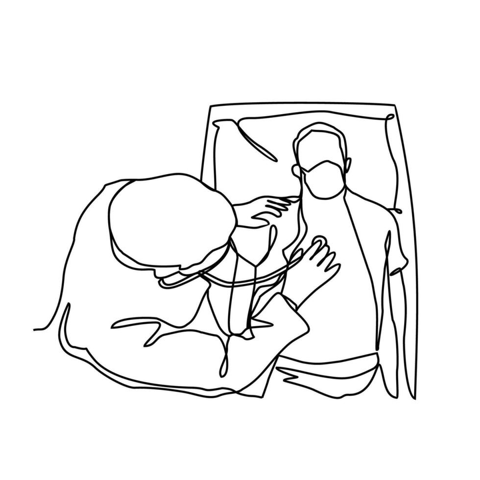 One continuous line drawing of a doctor is examining patient in the clinic or hospital. Health design concept with simple linear style. Health themes vector design illustration concept.