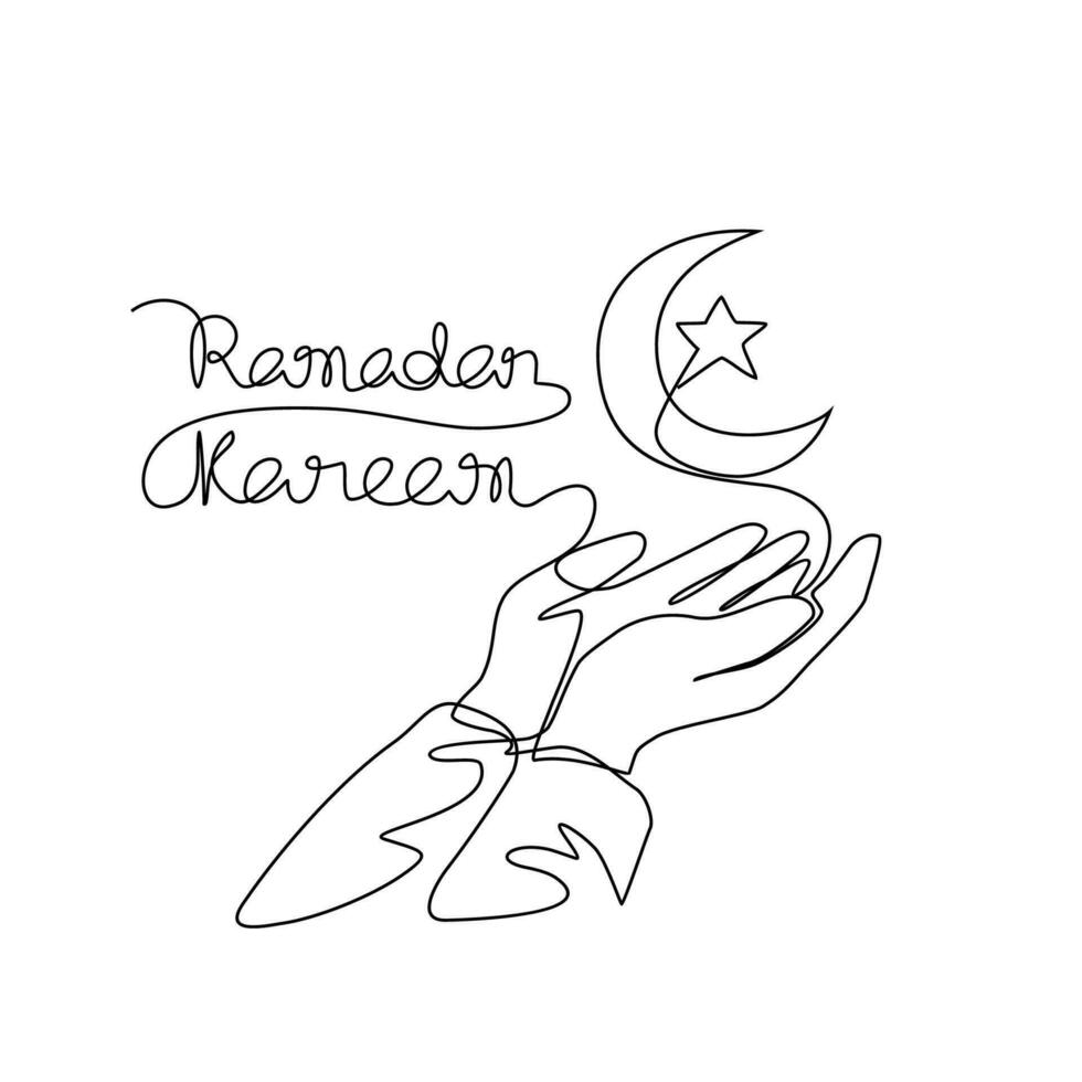 One continuous line drawing of hand and a half moon for symbol ramadan kareem.  ramadan design concept with simple linear style. islamic design concept. vector