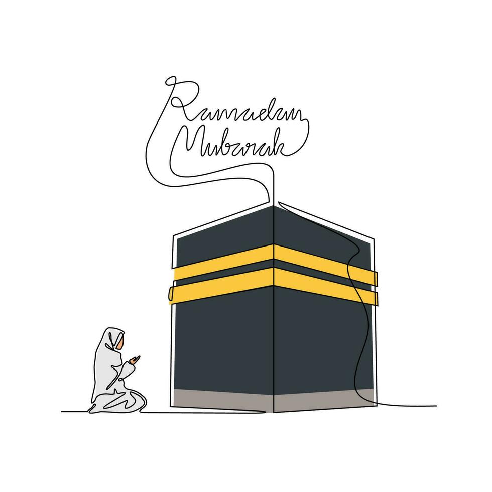 uno continuo línea dibujo de un musulmán mujer es Orando el ka'bah durante Ramadán tiempo. musulmán Orando diseño con sencillo lineal estilo. Ramadán kareem diseño concepto vector