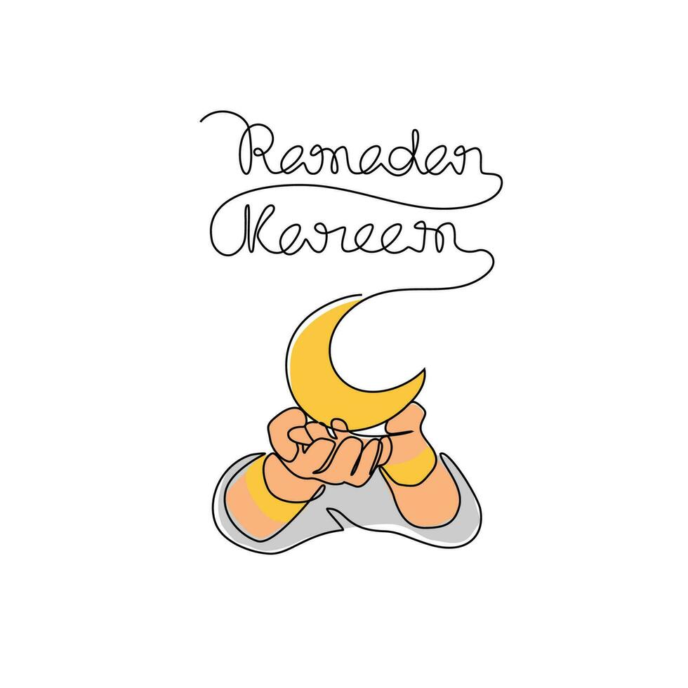 One continuous line drawing of hand and a half moon for symbol ramadan kareem.  ramadan design concept with simple linear style. islamic design concept. vector