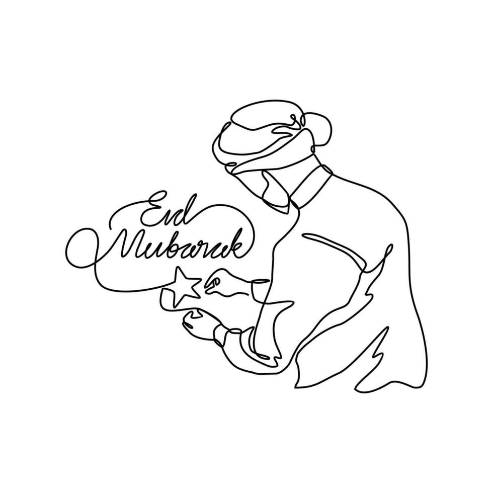 One continuous line drawing of a moslem man preparing the decoration for eid mubarak. Eid mubarak and Ramadan kareem design concept with simple linear style. Eid mubarak vector design concept.