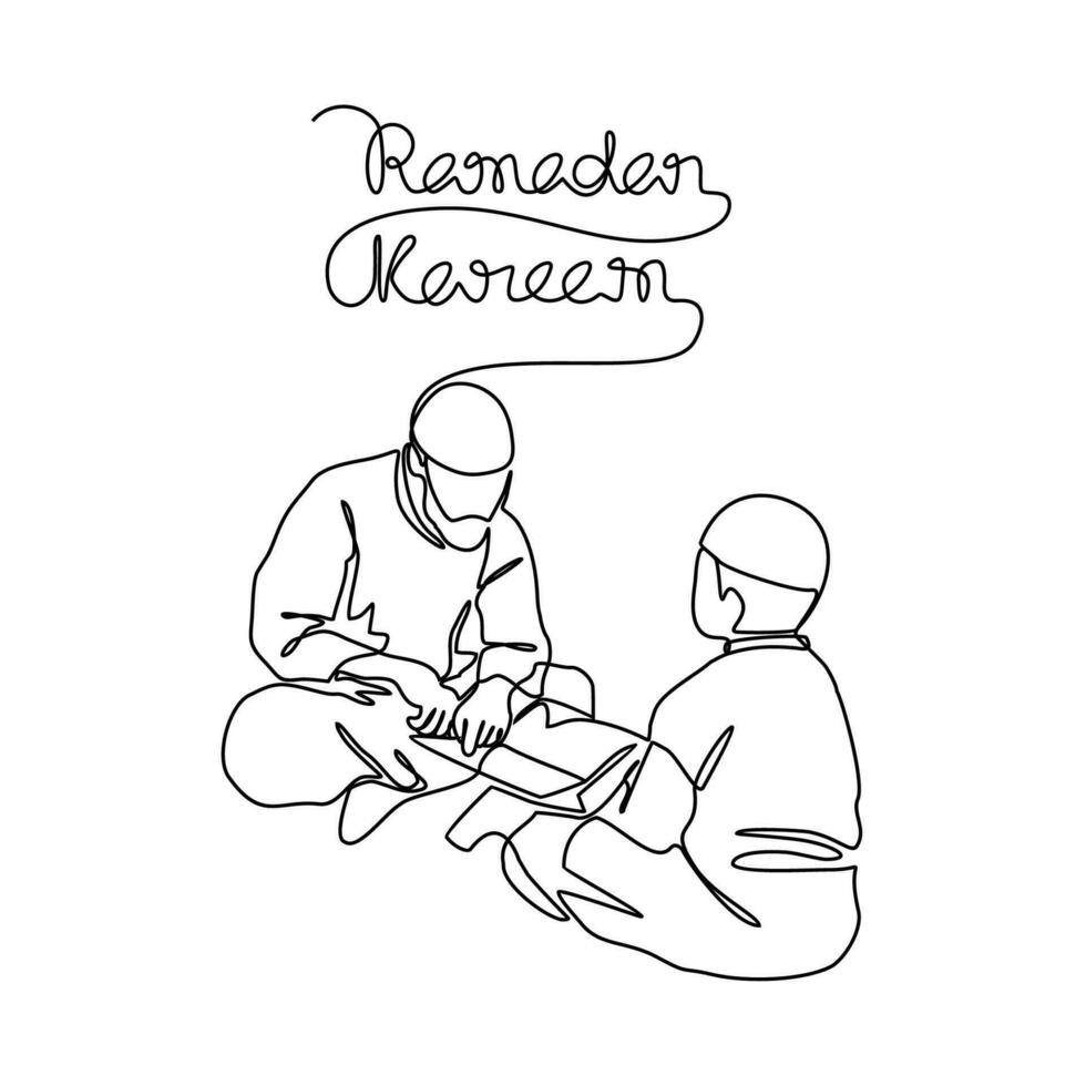 Father and his son learning of Quran during ramadhan time in continuous line art drawing style. design with Minimalist black linear design isolated on white background. Vector illustration