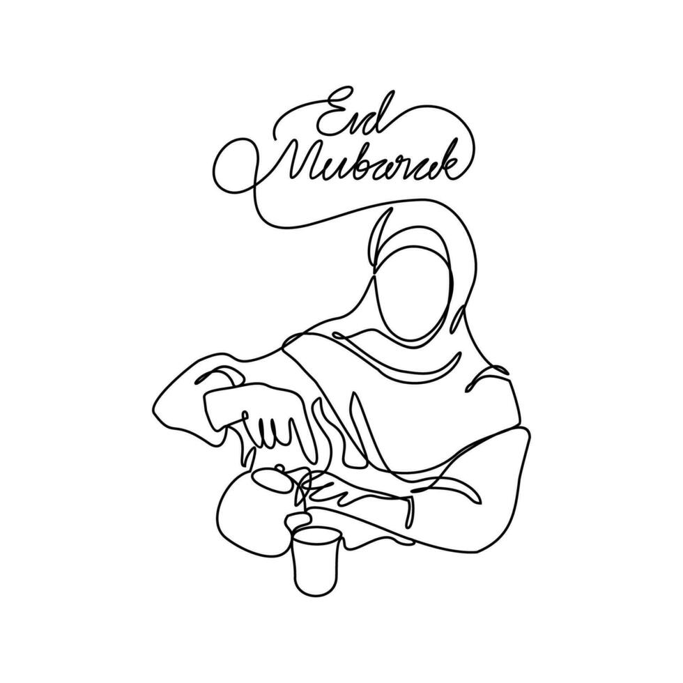 uno continuo línea dibujo de un mujer es preparando comida durante eid mubarak. eid Mubarak y Ramadán kareem diseño concepto con sencillo lineal estilo. eid Mubarak vector diseño concepto.