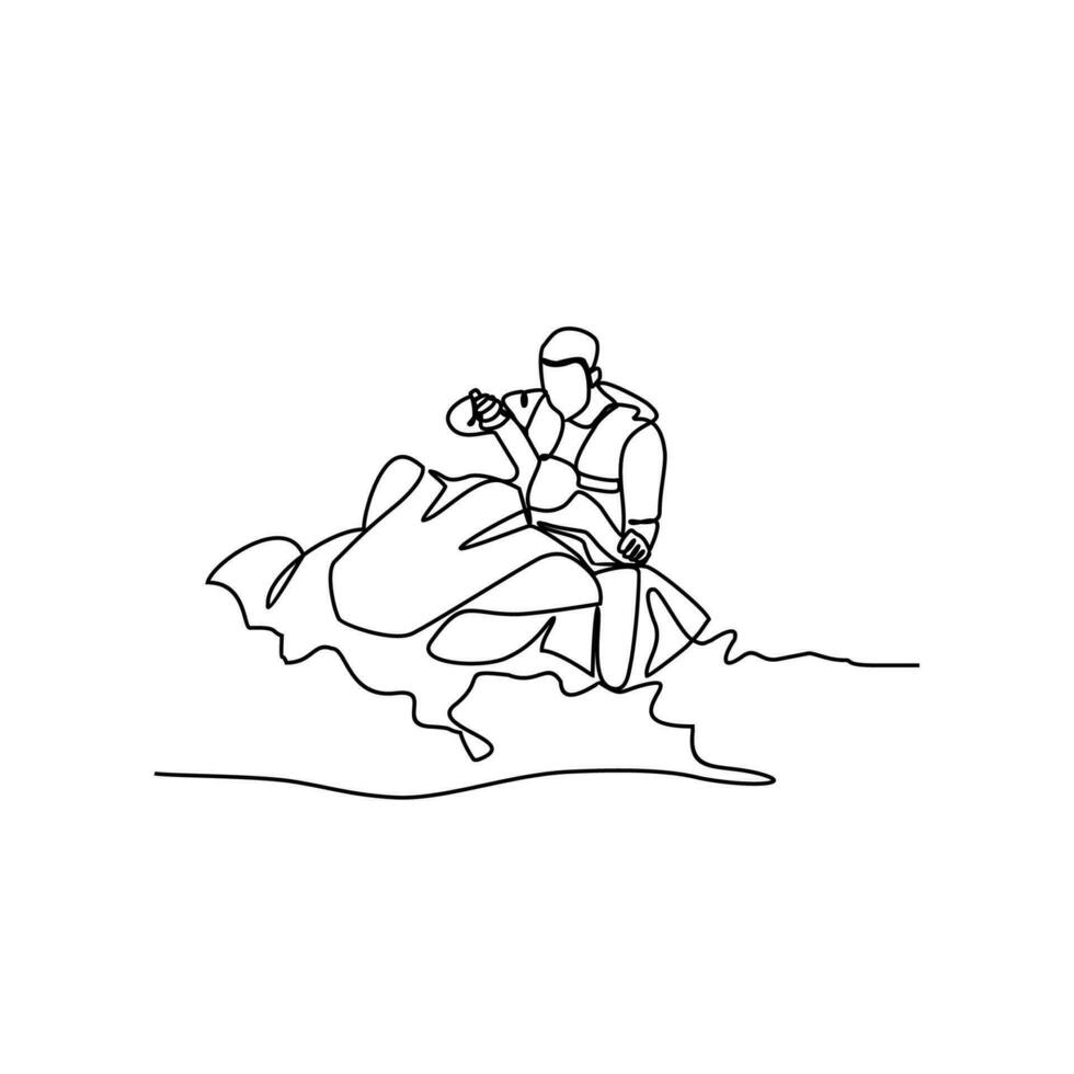 One continuous line drawing of a people playing jetski on the sea. Jetski concept illustration in simple linear style. Sea sprot design concept vector illustration