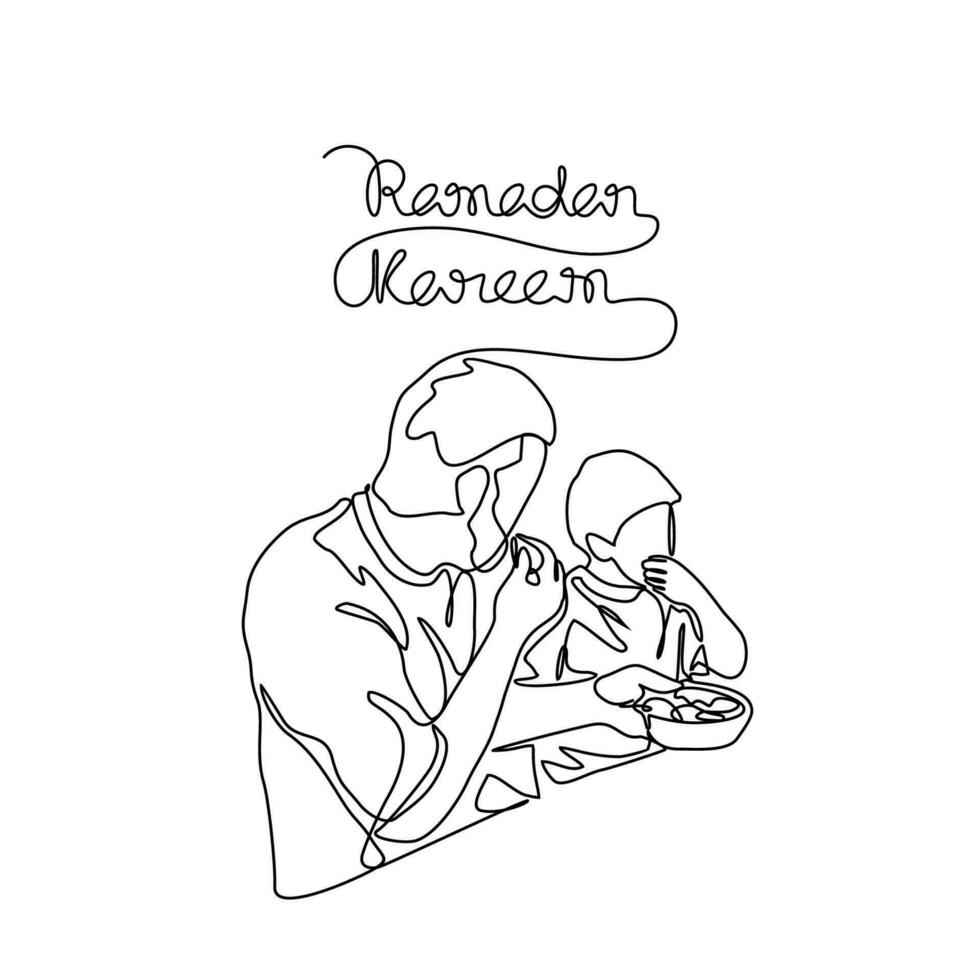 Father and his son iftar or open fasting ramadhan time in continuous line art drawing style. design with Minimalist black linear design isolated on white background. Vector illustration