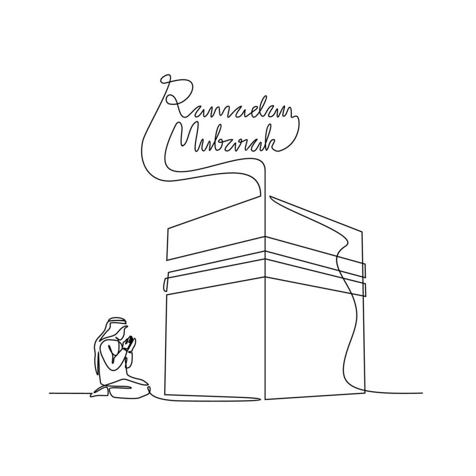 uno continuo línea dibujo de un musulmán hombre es Orando el ka'bah durante Ramadán tiempo. musulmán Orando diseño con sencillo lineal estilo. Ramadán kareem diseño concepto vector