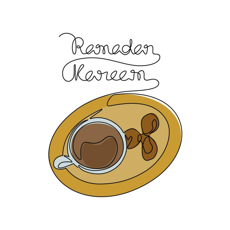 One continuous line drawing of food and drink for iftar Ramadan celebration. arabian food in simple linear style. food for eid Ramadan celebration design concept. Vector illustration