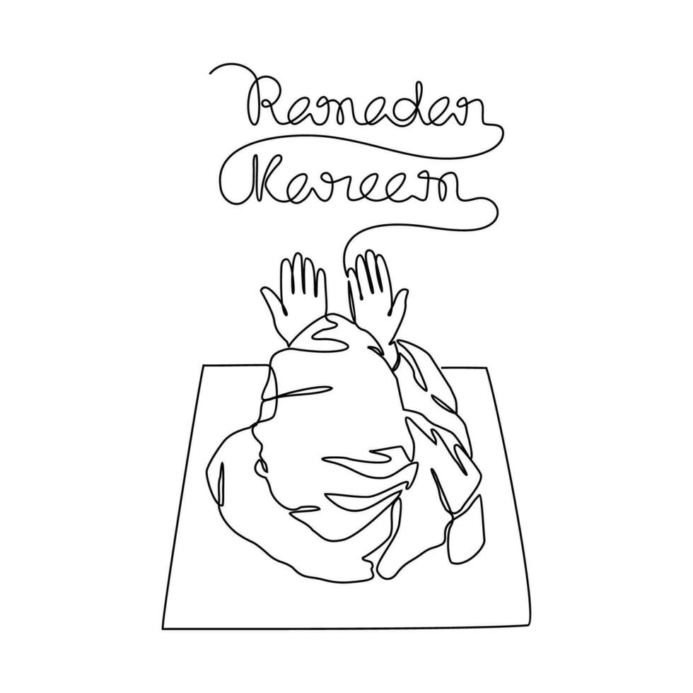 One continuous line drawing of a moslem woman is praying during ramadan time. Moslem praying design with simple linear style. Ramadan kareem design concept vector