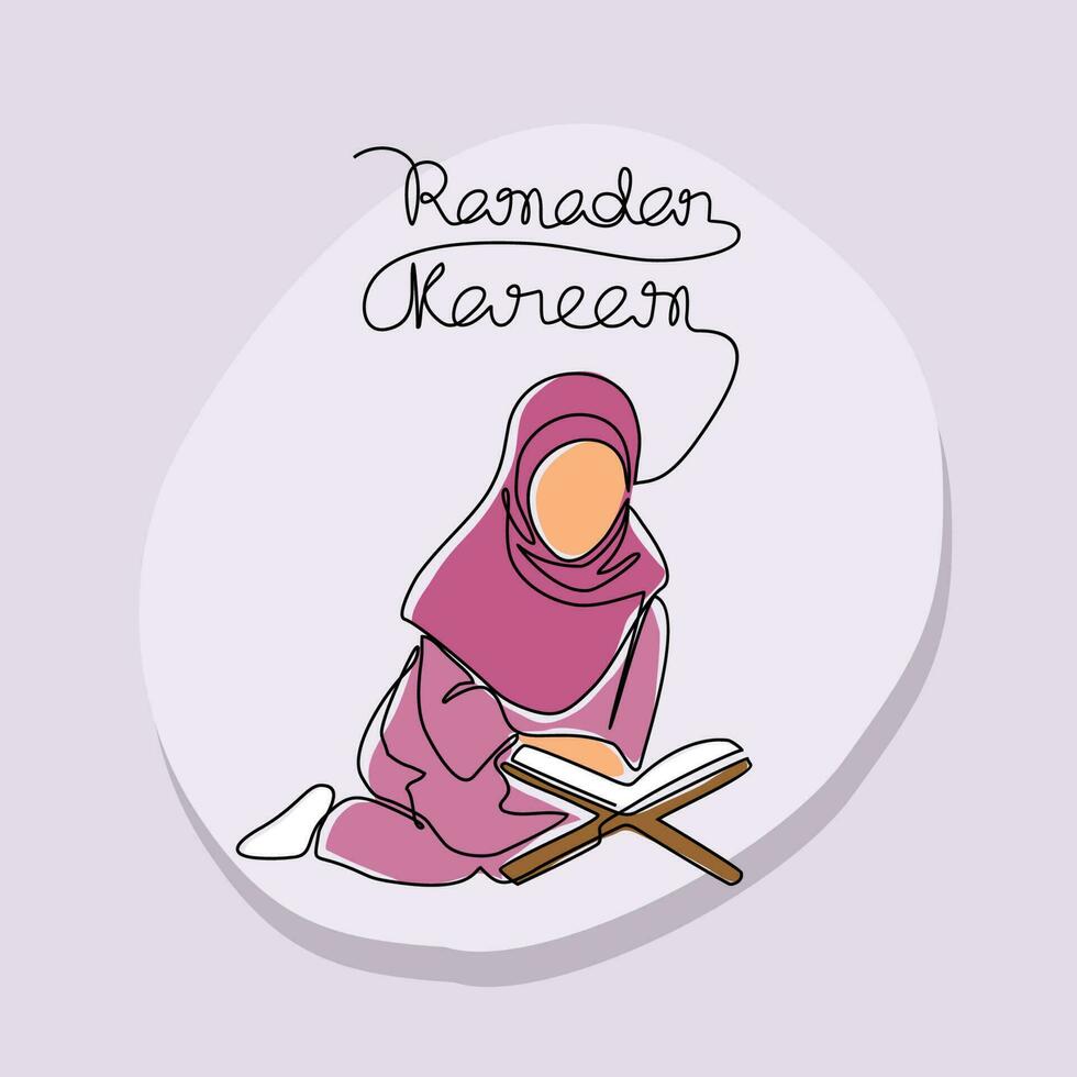 moslem Woman read Quran in the mosque during ramadhan time in continuous line art drawing style. design with Minimalist black linear design isolated on white background. Vector illustration